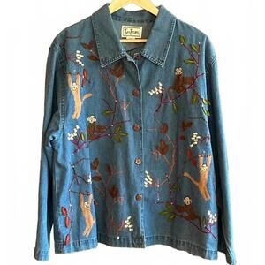 Tantrums Womens Shirt Sz XL Blue Denim LS Button Up Embroidered Monkey Boho